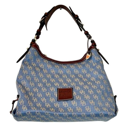 Dooney & Bourke Handbags - Dooney & Bourke Canvas Leather Trim Signature Monogram Hobo Shoulder Bag Blue Br